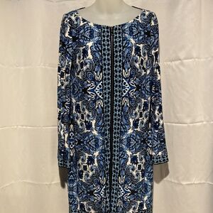 Blue Scarf Print Shift Dress Long Sleeve Blue Handkerchief Print Shift Dress 6